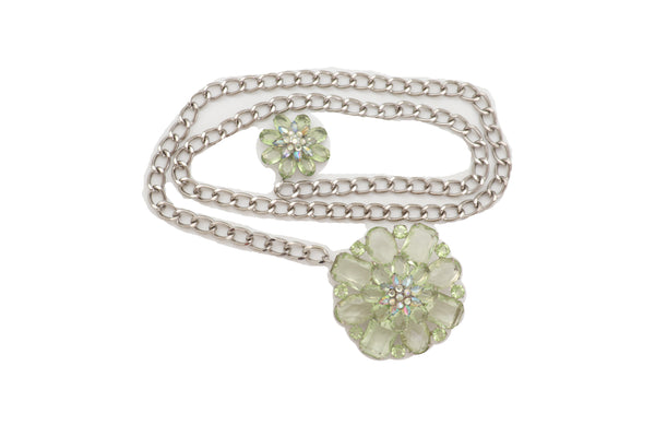 Brand New Women Silver Metal Chain Links Hip High Waist Fashion Belt Green Flower Fit Size XS S M