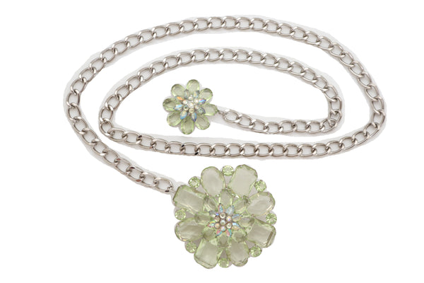 Brand New Women Silver Metal Chain Links Hip High Waist Fashion Belt Green Flower Fit Size XS S M