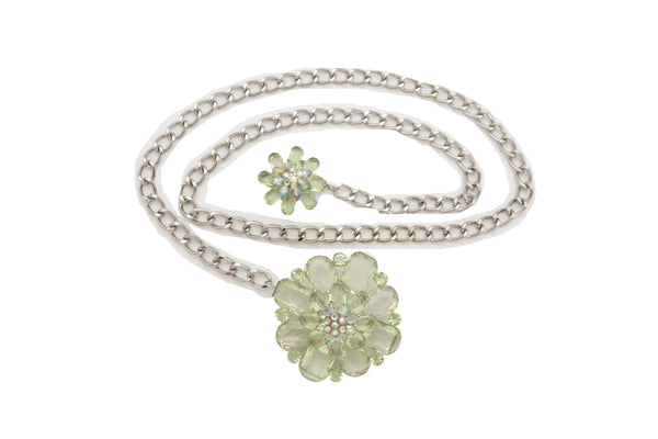 Brand New Women Silver Metal Chain Links Hip High Waist Fashion Belt Green Flower Fit Size XS S M