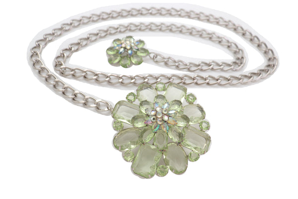 Brand New Women Silver Metal Chain Links Hip High Waist Fashion Belt Green Flower Fit Size XS S M