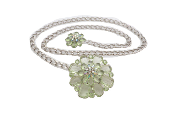 Brand New Women Silver Metal Chain Links Hip High Waist Fashion Belt Green Flower Fit Size XS S M