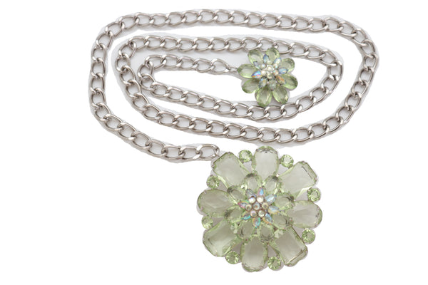 Brand New Women Silver Metal Chain Links Hip High Waist Fashion Belt Green Flower Fit Size XS S M