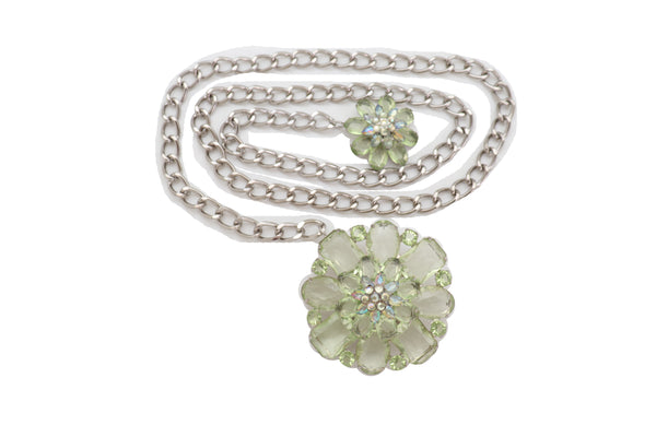 Brand New Women Silver Metal Chain Links Hip High Waist Fashion Belt Green Flower Fit Size XS S M