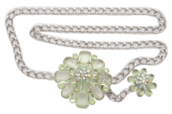 Brand New Women Silver Metal Chain Links Hip High Waist Fashion Belt Green Flower Fit Size XS S M
