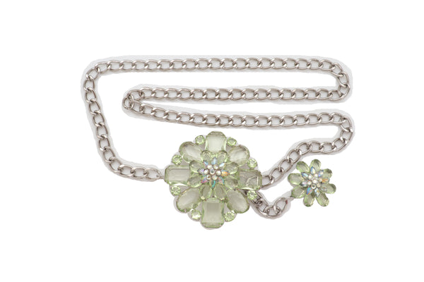 Brand New Women Silver Metal Chain Links Hip High Waist Fashion Belt Green Flower Fit Size XS S M