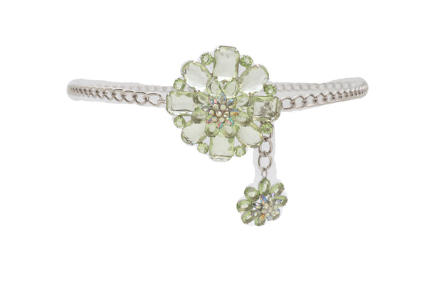 Brand New Women Silver Metal Chain Links Hip High Waist Fashion Belt Green Flower Fit Size XS S M