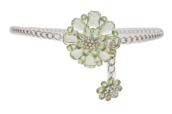 Brand New Women Silver Metal Chain Links Hip High Waist Fashion Belt Green Flower Fit Size XS S M