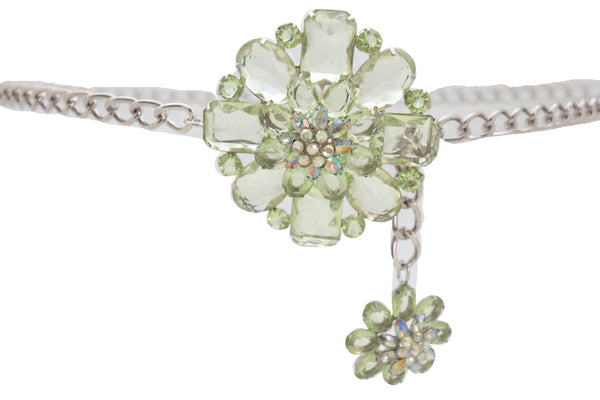 Brand New Women Silver Metal Chain Links Hip High Waist Fashion Belt Green Flower Fit Size XS S M