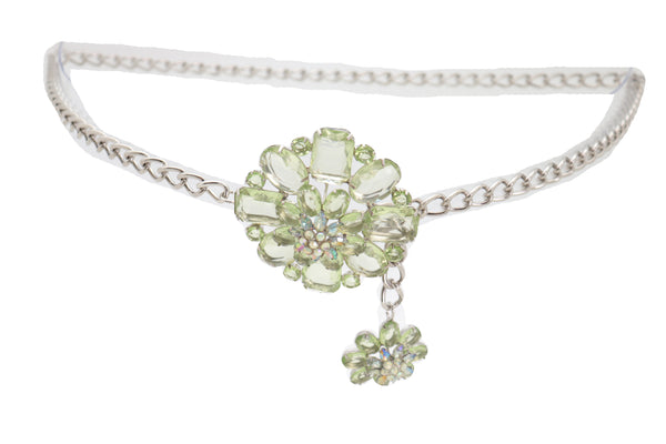Brand New Women Silver Metal Chain Links Hip High Waist Fashion Belt Green Flower Fit Size XS S M