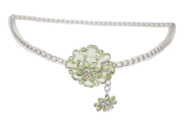 Brand New Women Silver Metal Chain Links Hip High Waist Fashion Belt Green Flower Fit Size XS S M