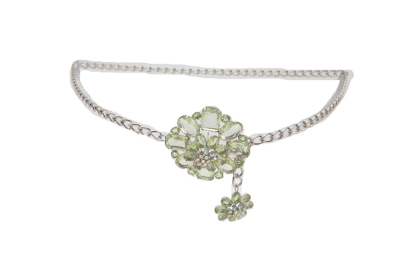 Brand New Women Silver Metal Chain Links Hip High Waist Fashion Belt Green Flower Fit Size XS S M