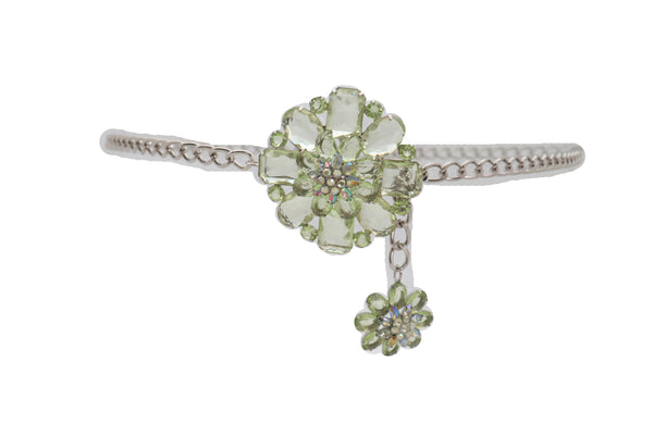 Brand New Women Silver Metal Chain Links Hip High Waist Fashion Belt Green Flower Fit Size XS S M