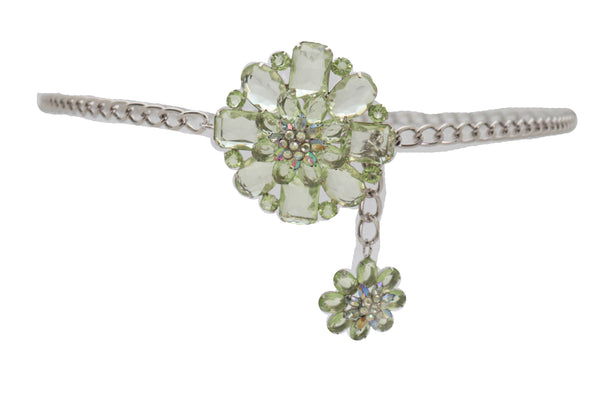 Brand New Women Silver Metal Chain Links Hip High Waist Fashion Belt Green Flower Fit Size XS S M