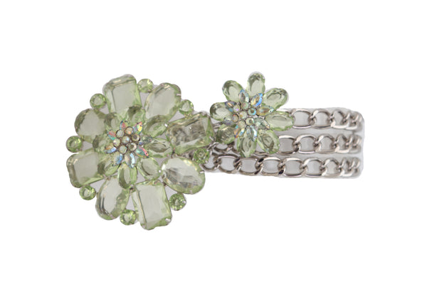 Brand New Women Silver Metal Chain Links Hip High Waist Fashion Belt Green Flower Fit Size XS S M