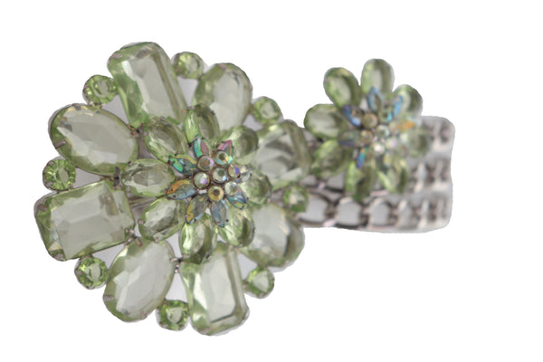 Brand New Women Silver Metal Chain Links Hip High Waist Fashion Belt Green Flower Fit Size XS S M