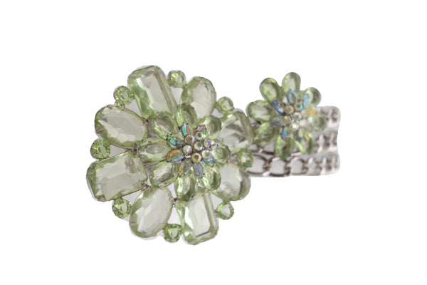 Brand New Women Silver Metal Chain Links Hip High Waist Fashion Belt Green Flower Fit Size XS S M