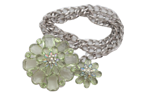 Brand New Women Silver Metal Chain Links Hip High Waist Fashion Belt Green Flower Fit Size XS S M