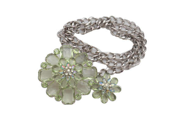 Brand New Women Silver Metal Chain Links Hip High Waist Fashion Belt Green Flower Fit Size XS S M