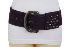 Wide Dark Purple Faux Leather Fashion Elastic Belt Metal Studs Buckle Fit Size S M