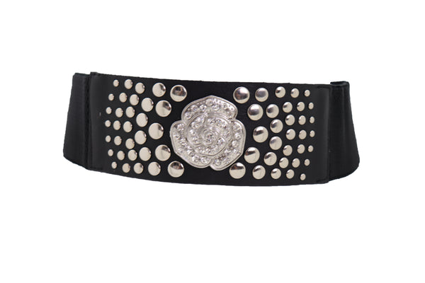 Brand New Women Black Waist Hip Elastic Waistband Belt Silver Metal Rose Flower Studs M L