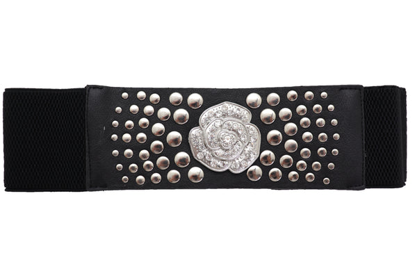 Brand New Women Black Waist Hip Elastic Waistband Belt Silver Metal Rose Flower Studs M L