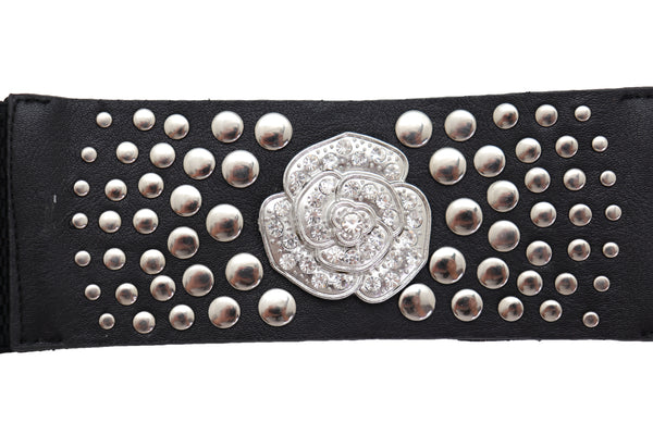 Brand New Women Black Waist Hip Elastic Waistband Belt Silver Metal Rose Flower Studs M L