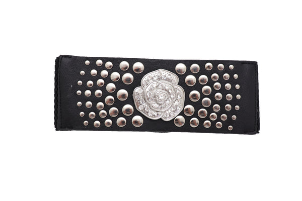 Brand New Women Black Waist Hip Elastic Waistband Belt Silver Metal Rose Flower Studs M L