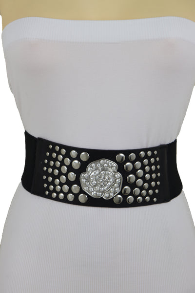 Brand New Women Black Waist Hip Elastic Waistband Belt Silver Metal Rose Flower Studs M L
