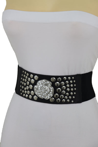 Brand New Women Black Waist Hip Elastic Waistband Belt Silver Metal Rose Flower Studs M L