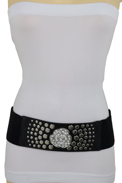 Brand New Women Black Waist Hip Elastic Waistband Belt Silver Metal Rose Flower Studs M L