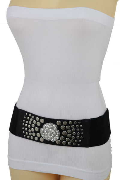 Brand New Women Black Waist Hip Elastic Waistband Belt Silver Metal Rose Flower Studs M L