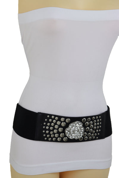 Brand New Women Black Elastic Strap Wide Belt Silver Metal Rose Flower Charm Stud Size S M