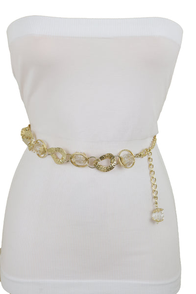 Brand New Women Gold Metal Chain Chunky Links Waistband Fashion Belt Clear Beads Size S M
