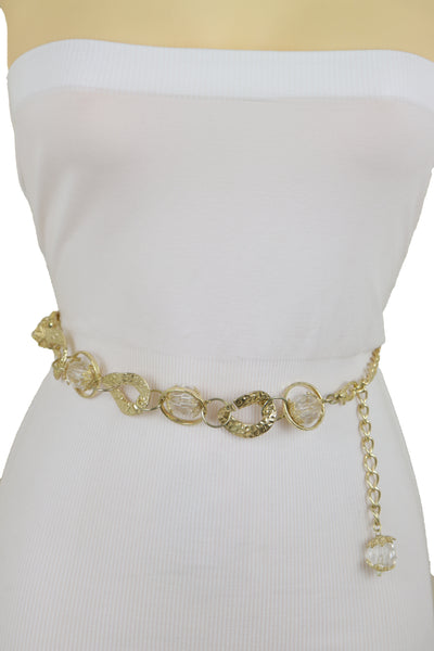 Brand New Women Gold Metal Chain Chunky Links Waistband Fashion Belt Clear Beads Size S M