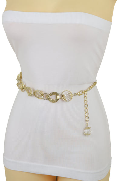 Brand New Women Gold Metal Chain Chunky Links Waistband Fashion Belt Clear Beads Size S M