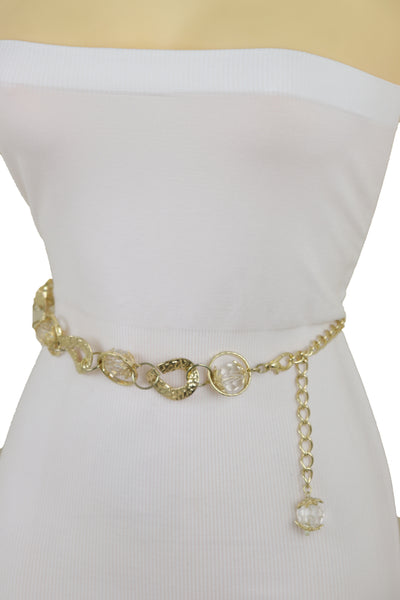 Brand New Women Gold Metal Chain Chunky Links Waistband Fashion Belt Clear Beads Size S M