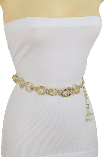 Brand New Women Gold Metal Chain Chunky Links Waistband Fashion Belt Clear Beads Size S M