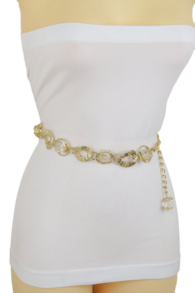 Brand New Women Gold Metal Chain Chunky Links Waistband Fashion Belt Clear Beads Size S M