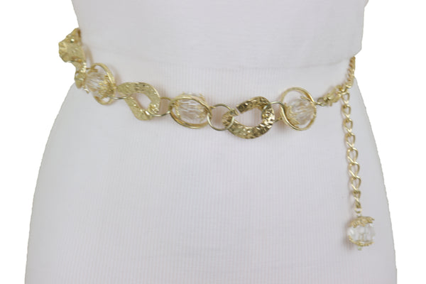 Brand New Women Gold Metal Chain Chunky Links Waistband Fashion Belt Clear Beads Size S M