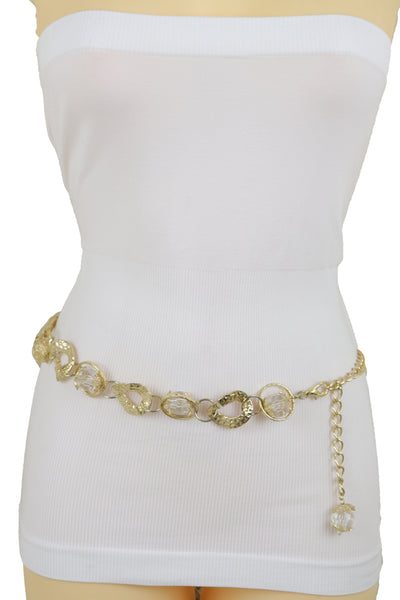 Brand New Women Gold Metal Chain Chunky Links Waistband Fashion Belt Clear Beads Size S M