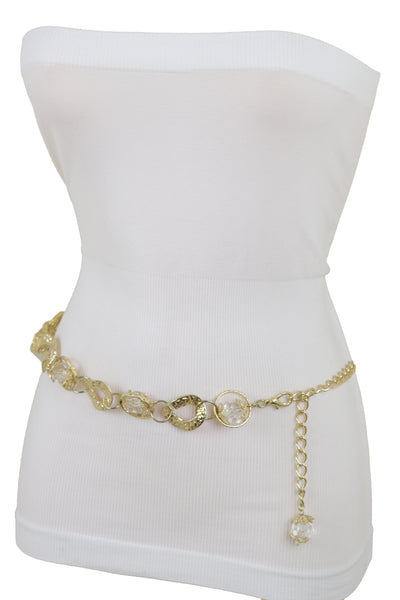 Brand New Women Gold Metal Chain Chunky Links Waistband Fashion Belt Clear Beads Size S M
