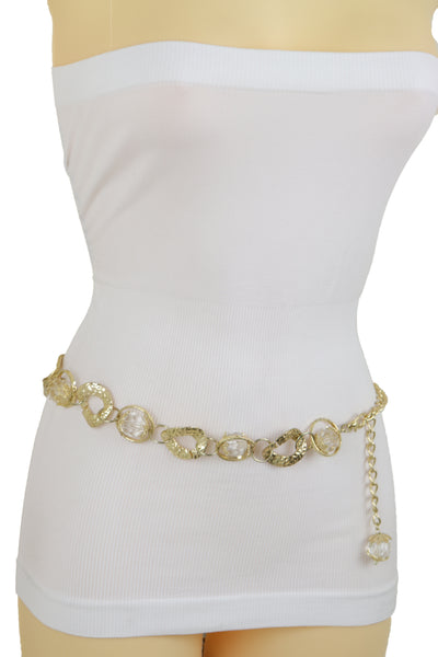 Brand New Women Gold Metal Chain Chunky Links Waistband Fashion Belt Clear Beads Size S M