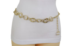 Gold Metal Chain Chunky Links Waistband Fashion Belt Clear Beads Size S M