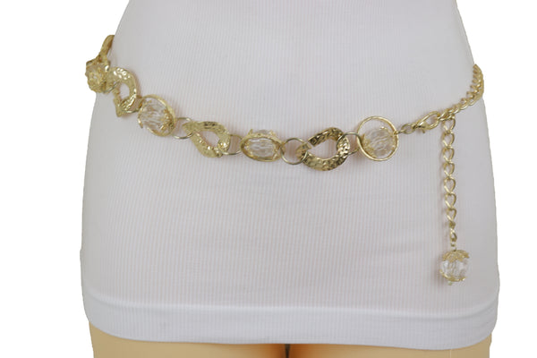 Brand New Women Gold Metal Chain Chunky Links Waistband Fashion Belt Clear Beads Size S M
