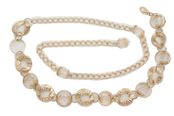 Brand New Women Gold Metal Chain Chunky Links Waistband Fashion Belt Clear Beads Size S M