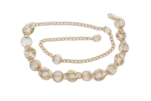Brand New Women Gold Metal Chain Chunky Links Waistband Fashion Belt Clear Beads Size S M