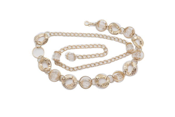 Brand New Women Gold Metal Chain Chunky Links Waistband Fashion Belt Clear Beads Size S M
