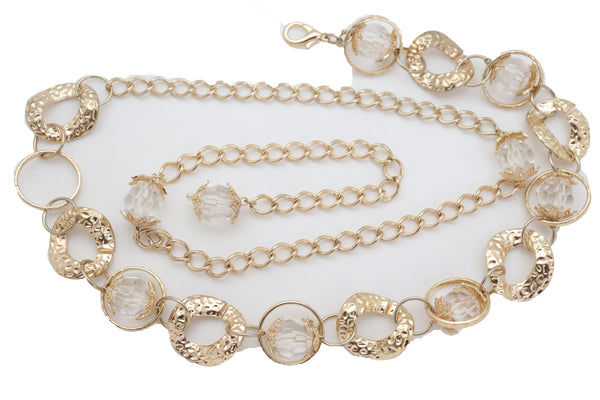 Brand New Women Gold Metal Chain Chunky Links Waistband Fashion Belt Clear Beads Size S M