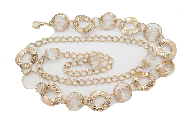 Brand New Women Gold Metal Chain Chunky Links Waistband Fashion Belt Clear Beads Size S M