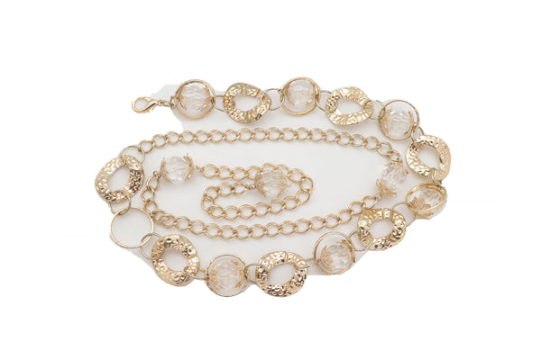 Brand New Women Gold Metal Chain Chunky Links Waistband Fashion Belt Clear Beads Size S M